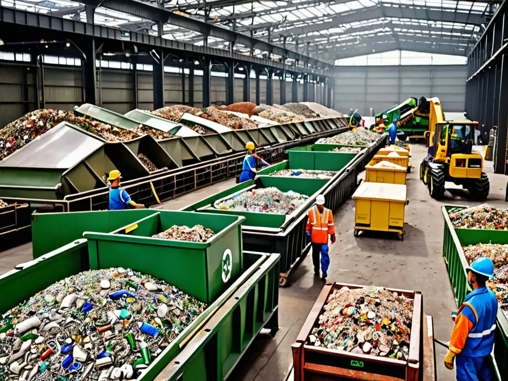 Trabajadores en una planta de reciclaje, clasificando desechos con maquinaria al fondo