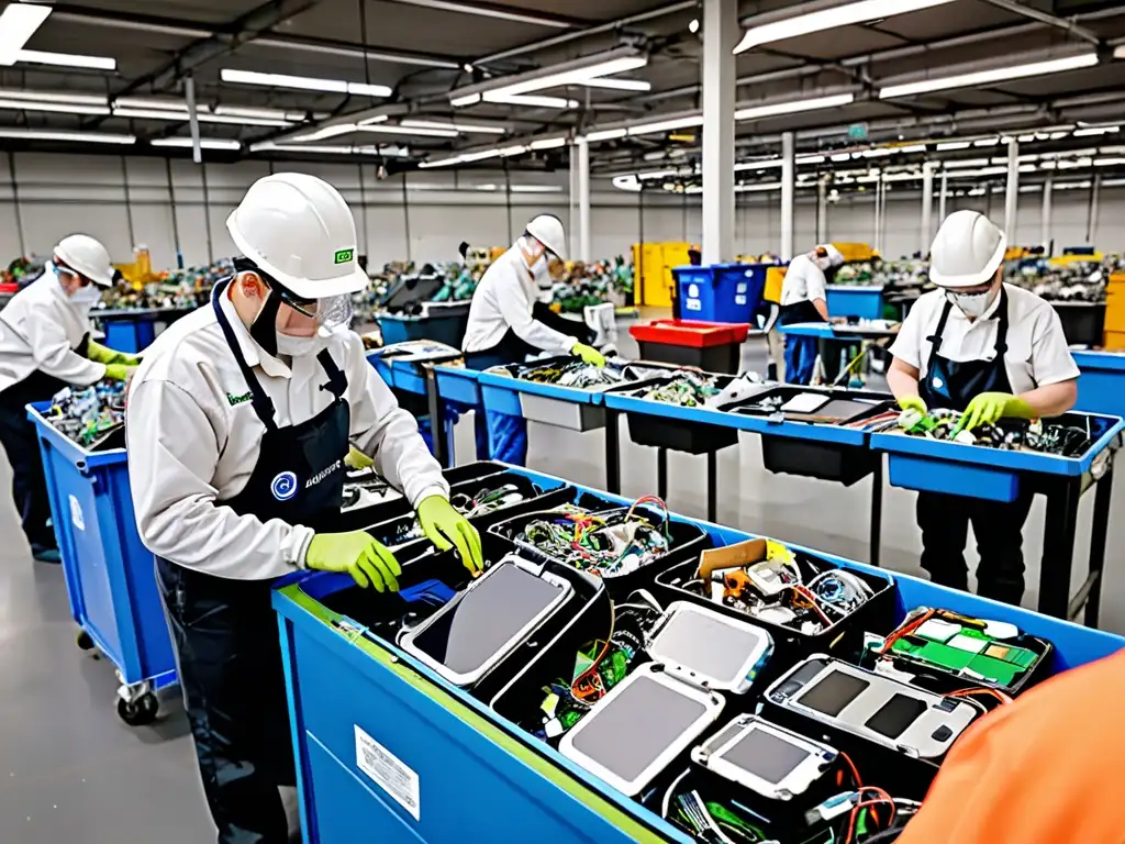 Trabajadores en una planta de reciclaje en Europa, implementando la directiva de residuos electrónicos con meticulosa atención al detalle