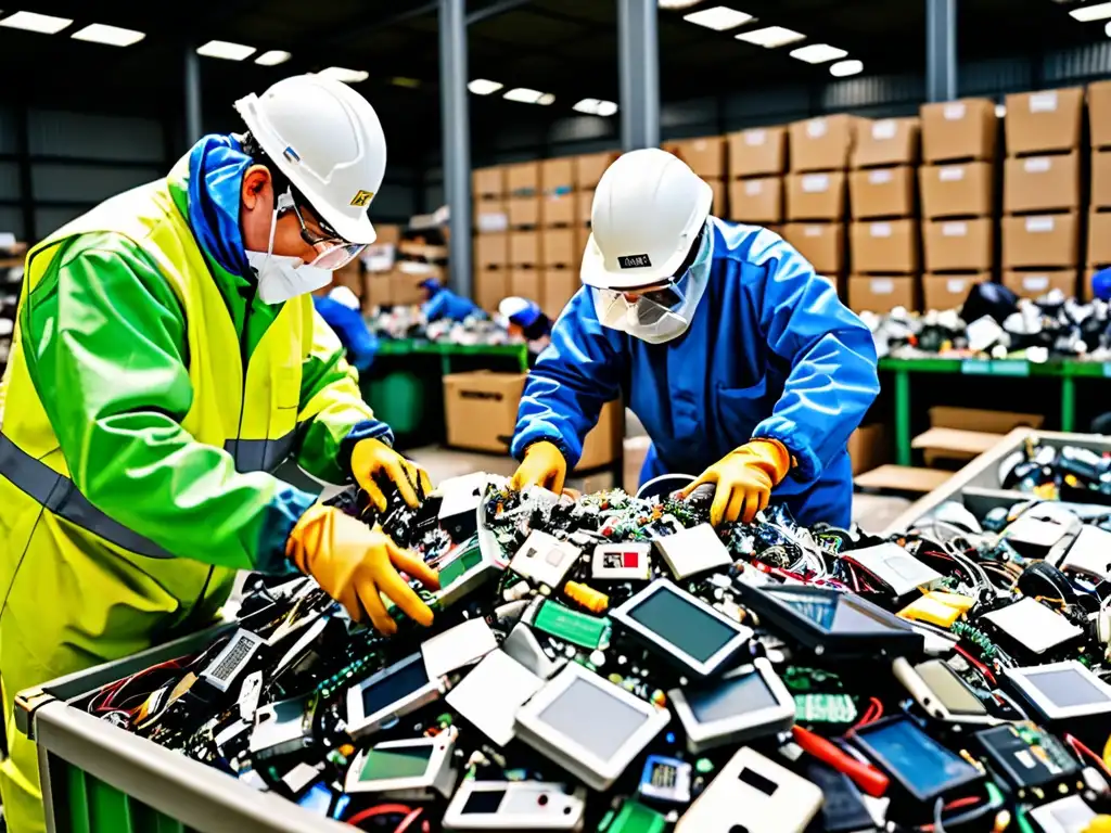 Trabajadores en planta de reciclaje europea separan residuos electrónicos, destacando la Implementación Directiva Residuos Electrónicos Europa