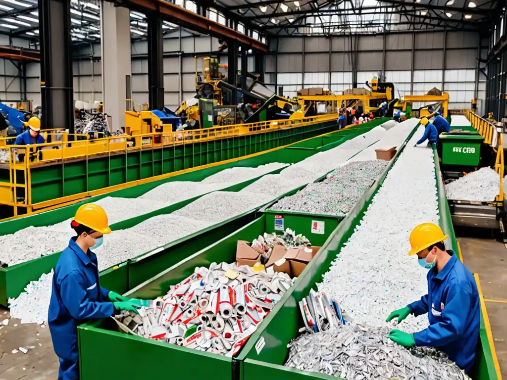 Trabajadores en planta de reciclaje con maquinaria y materiales listos para procesar