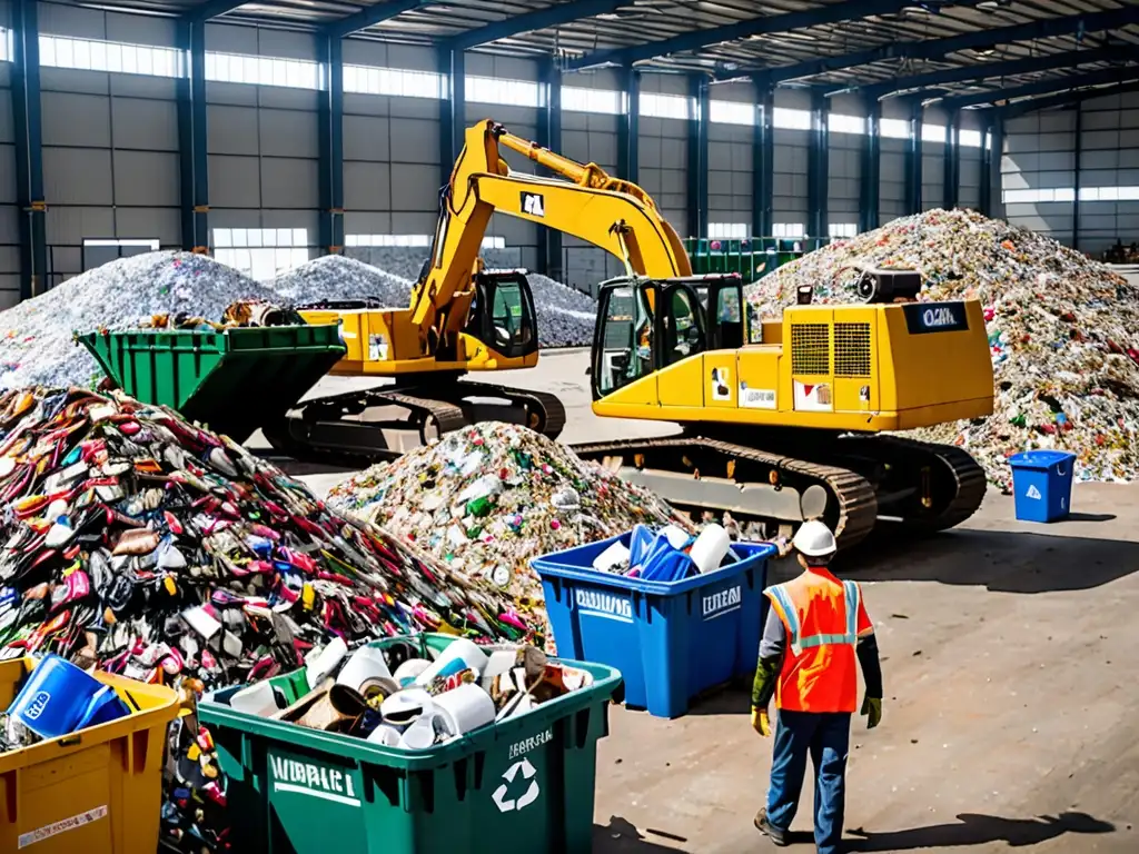 Trabajadores en una planta de reciclaje clasificando material reciclable con maquinaria, rodeados de energías renovables