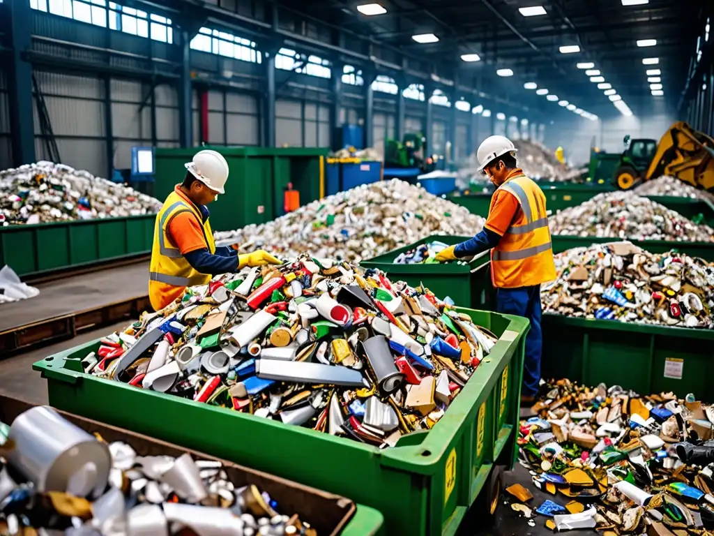 Trabajadores en planta de reciclaje separando materiales bajo luces industriales, destacando la gestión de residuos en cambio climático