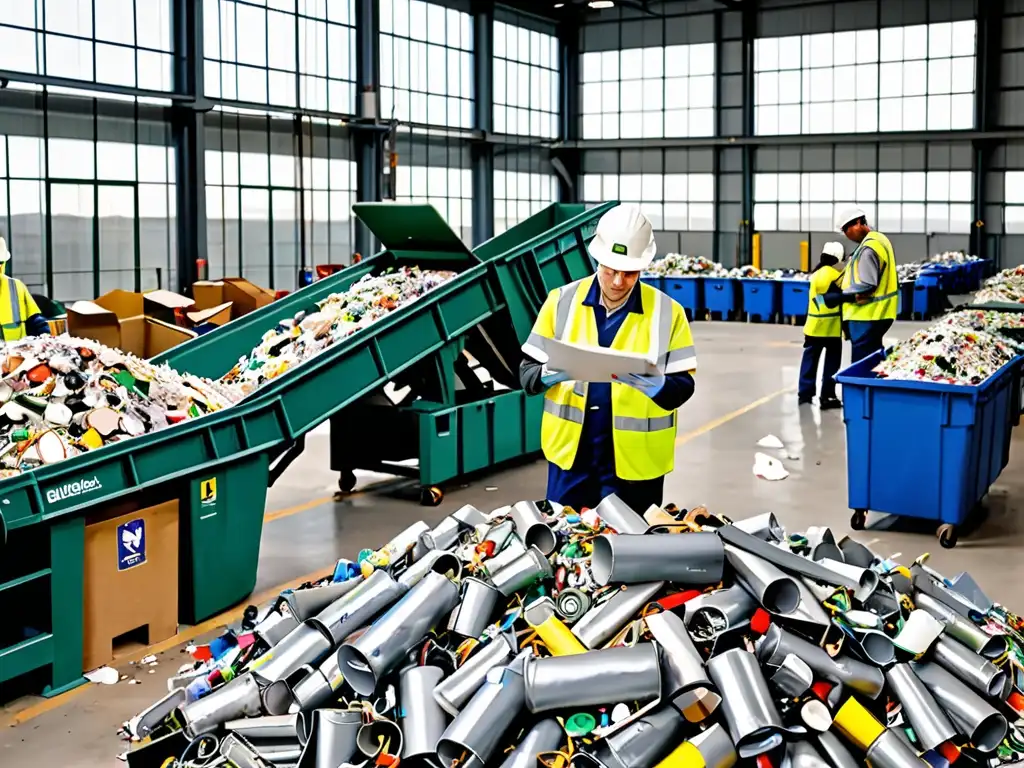 Trabajadores en planta de reciclaje separan materiales