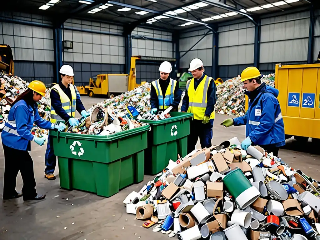 Trabajadores en planta de reciclaje separando materiales, destacando la eficiencia del proceso