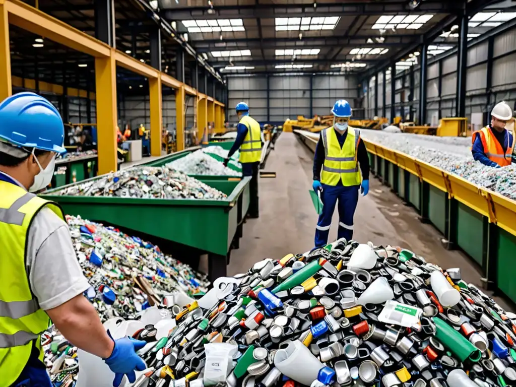 Trabajadores en planta de reciclaje separan materiales con precisión