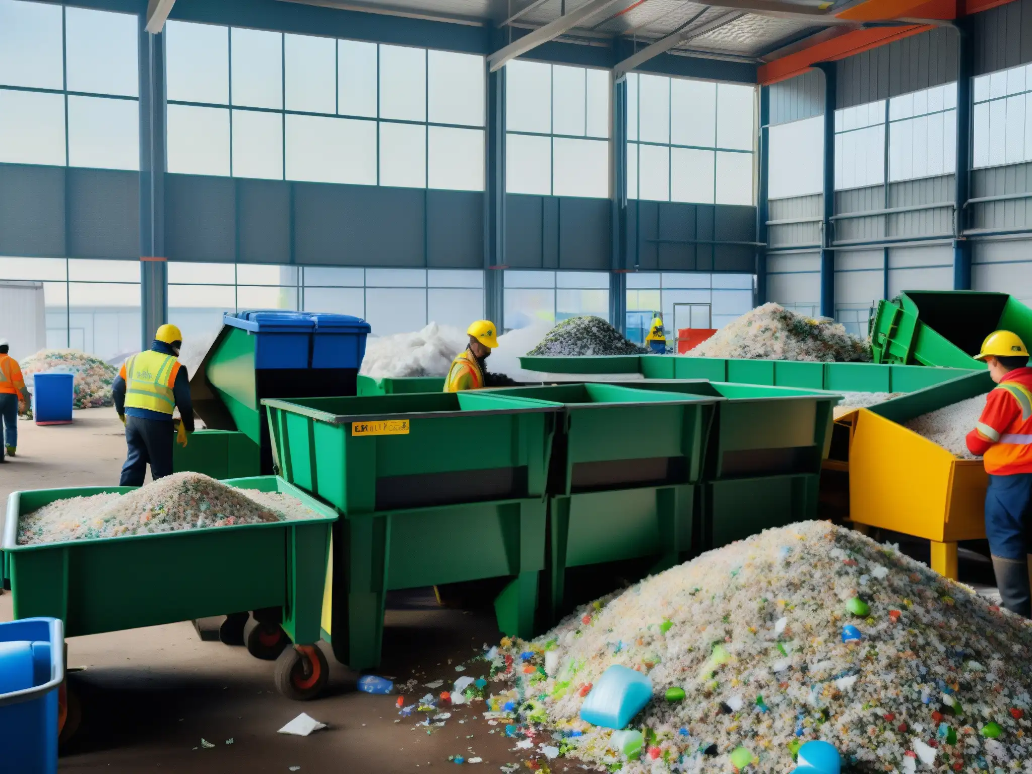 Trabajadores en planta de reciclaje, clasificando materiales con precisión