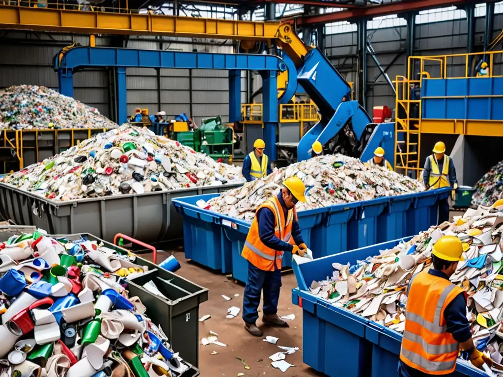 Trabajadores en planta de reciclaje separando materiales reciclables, mostrando economía circular en acción