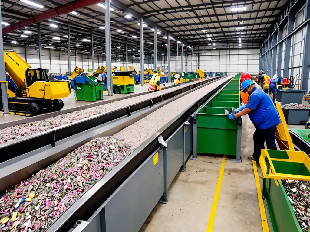 Trabajadores en planta de reciclaje moderna, máquinas compactando materiales reciclables