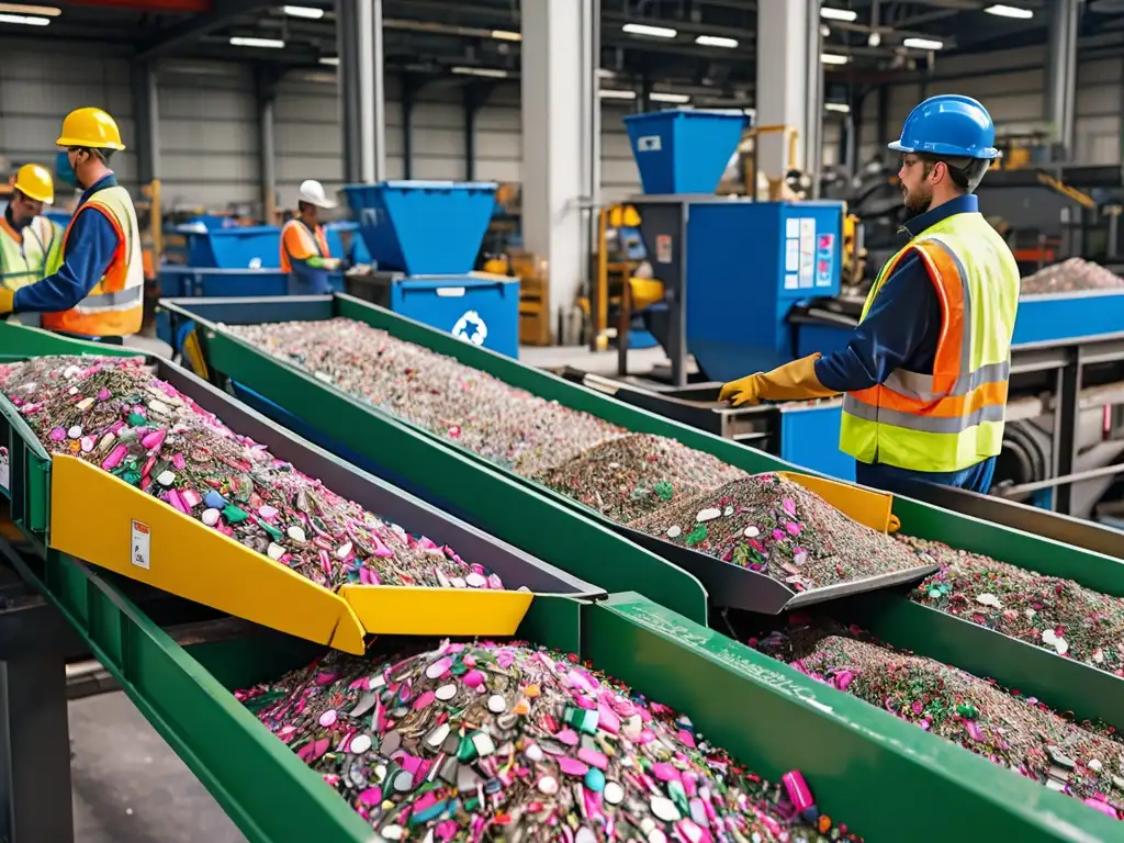 Planta de reciclaje industrial: Eficiencia y sostenibilidad en acción Trabajadores en una planta de reciclaje moderna, gestionando legalmente residuos corporativos, sostenibilidad en acción