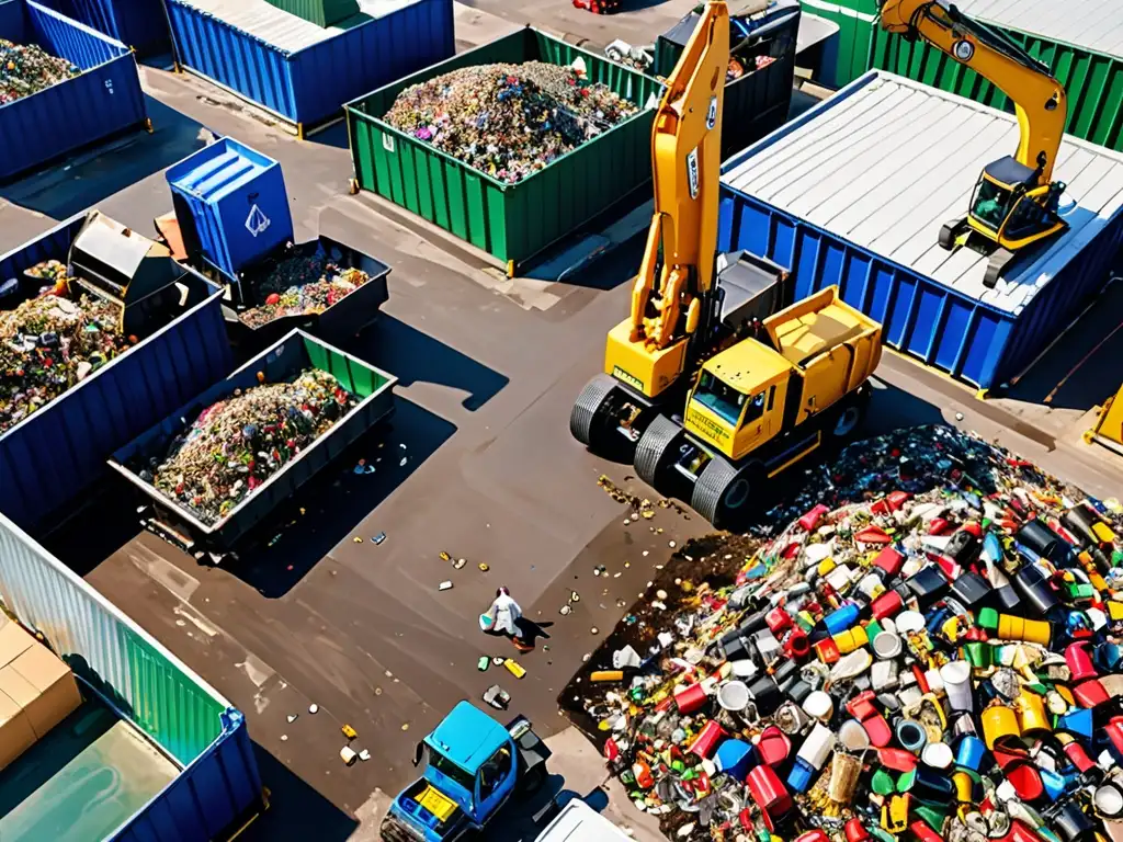 Trabajadores en planta de reciclaje moderna con maquinaria de última tecnología, resaltando beneficios cumplimiento legislación residuos peligrosos