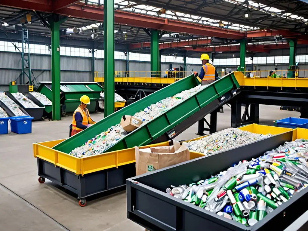 Trabajadores en planta de reciclaje moderna, separando materiales reciclables en una cinta transportadora