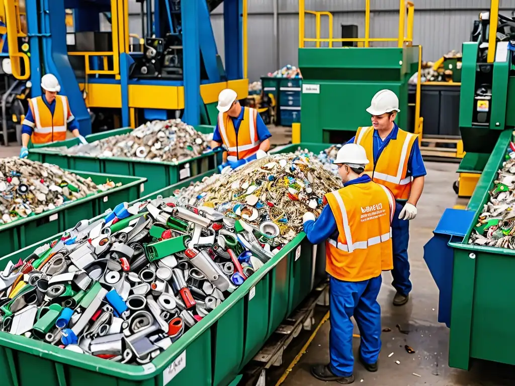 Trabajadores en planta de reciclaje moderna, clasificando materiales