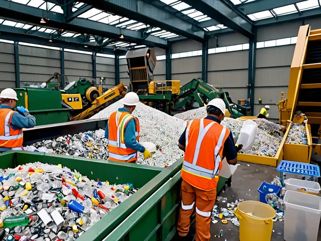 Trabajadores en planta de reciclaje separando plástico, vidrio y metal