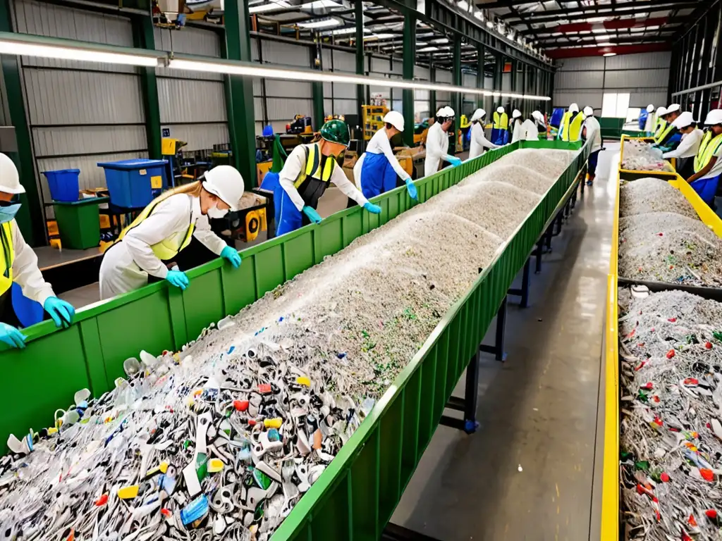 Trabajadores en planta de reciclaje, clasificando plástico, vidrio y papel