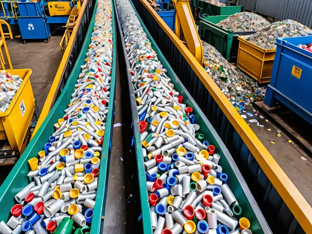 Trabajadores en planta de reciclaje clasificando plásticos