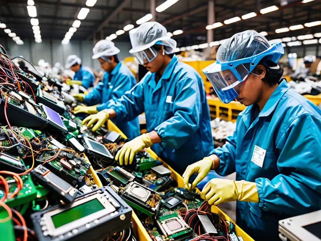 Trabajadores en planta de reciclaje clasificando residuos electrónicos, destacando desafíos legales y éticos en el comercio de desechos