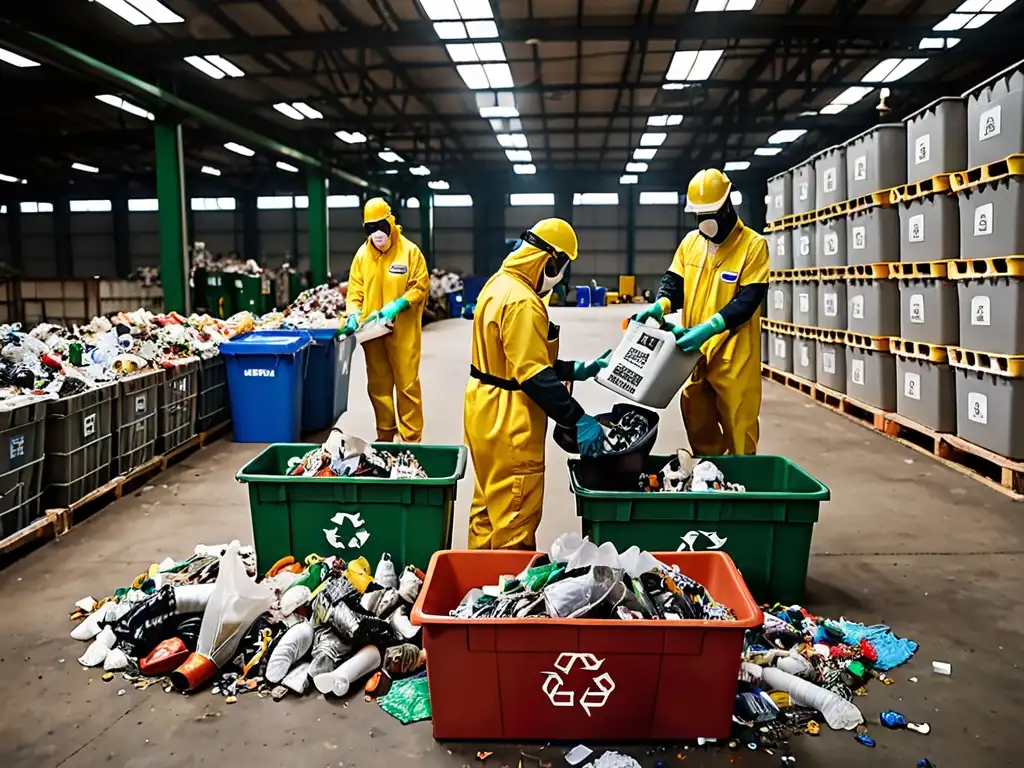 Trabajadores en planta de reciclaje separan residuos peligrosos con cuidado y atención, resaltando la gestión adecuada