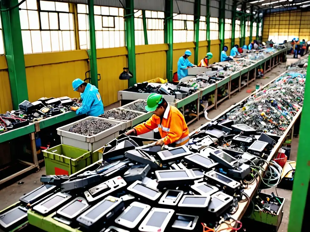 Trabajadores en planta de reciclaje de residuos electrónicos en Asia, respetando protocolos de seguridad