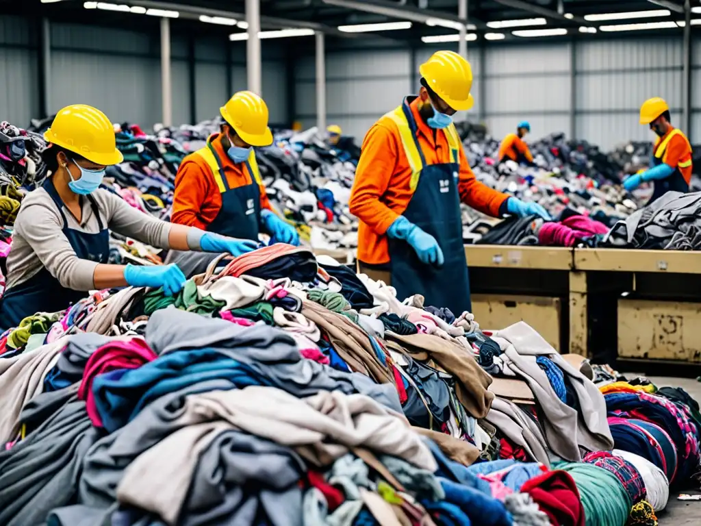 Trabajadores en planta de reciclaje textil, desafíos legales de economía circular en la industria