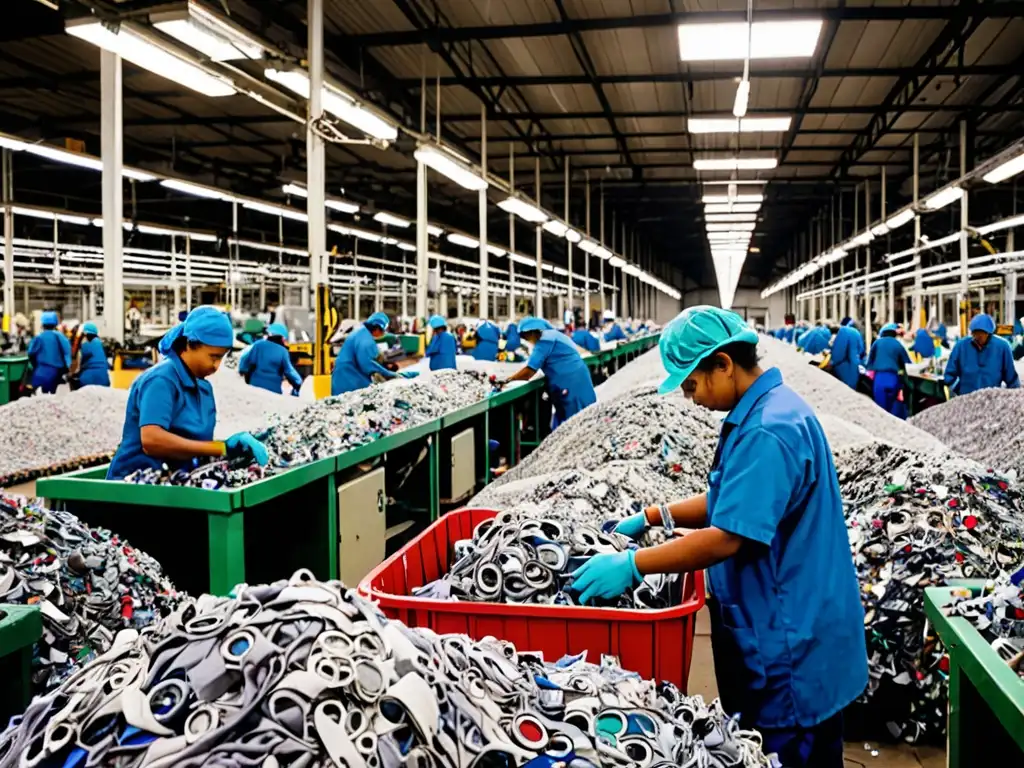 Trabajadores en planta de reciclaje textil, procesando materiales para economía circular