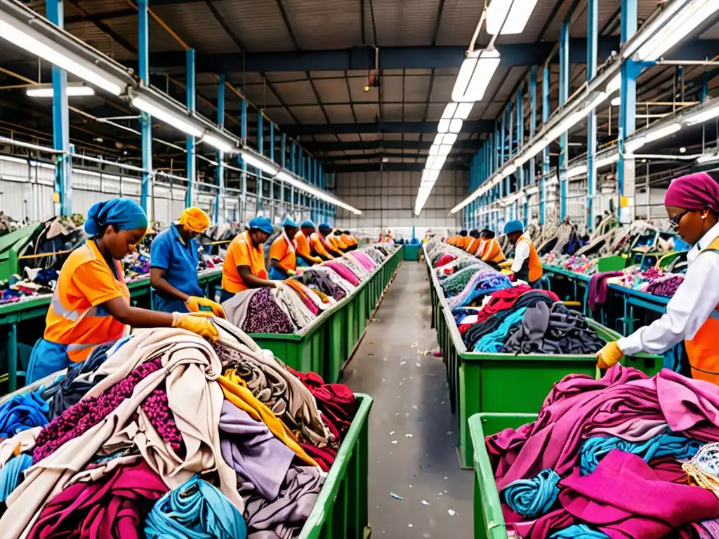 Trabajadores en planta de reciclaje de textiles, mostrando el potencial de la economía circular en la industria textil