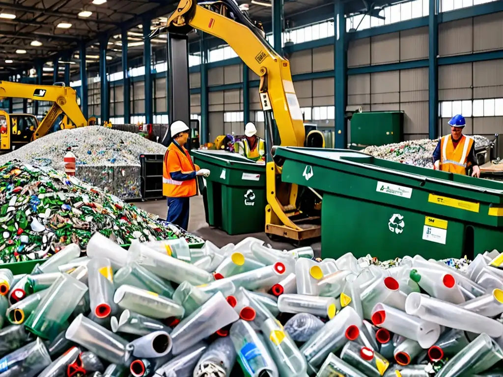 Trabajadores en planta de reciclaje clasificando vidrio, plástico y papel