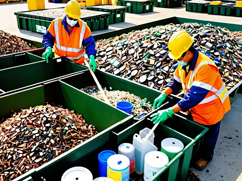 Trabajadores en planta de residuos peligrosos con certificaciones ambientales, realizando la segregación con maquinaria especializada