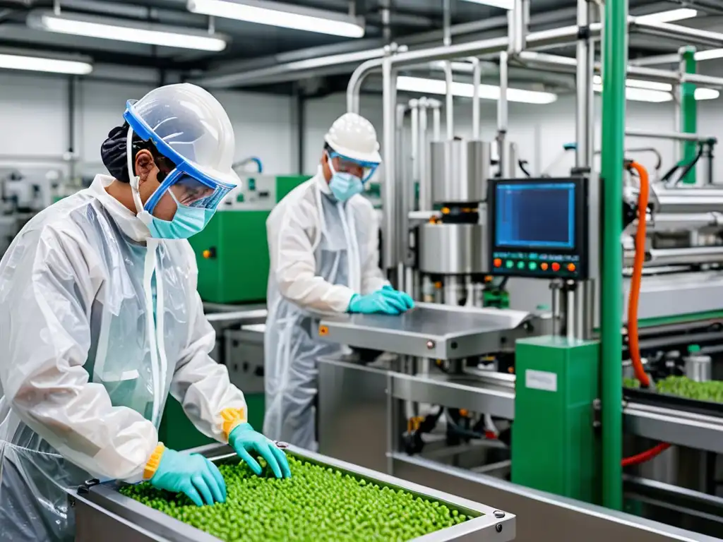 Trabajadores supervisan la producción de bioplásticos en una planta, rodeada de exuberante vegetación