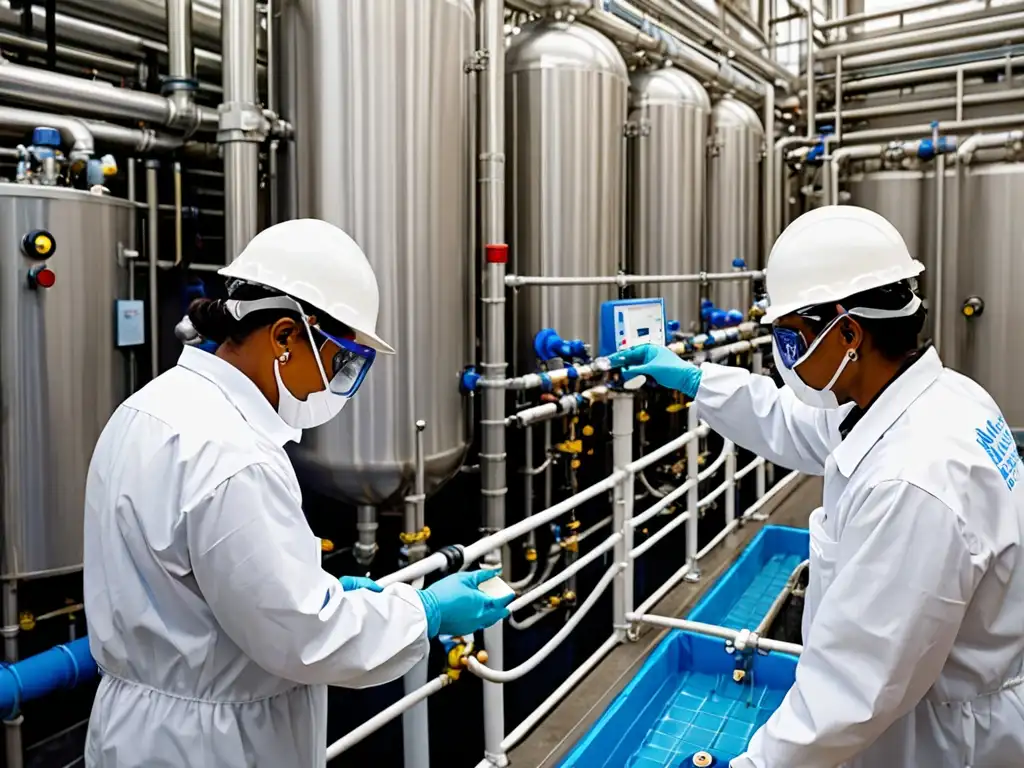 Trabajadores en una planta de tratamiento de agua monitorean y ajustan la maquinaria, mientras agua purificada fluye