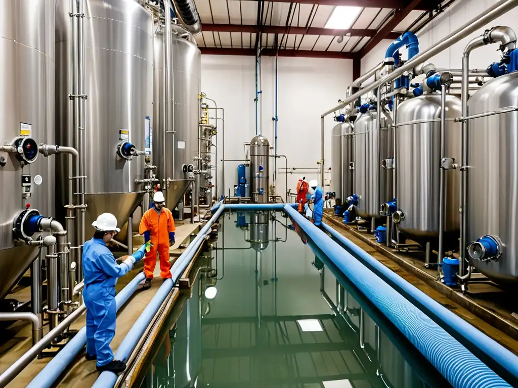 Trabajadores en planta de tratamiento de agua, tecnologías para cumplimiento normativas agua potable