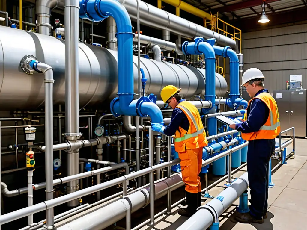 Trabajadores inspeccionan una planta de tratamiento de agua, mostrando la tecnología avanzada y las implicaciones legales del agua reciclada