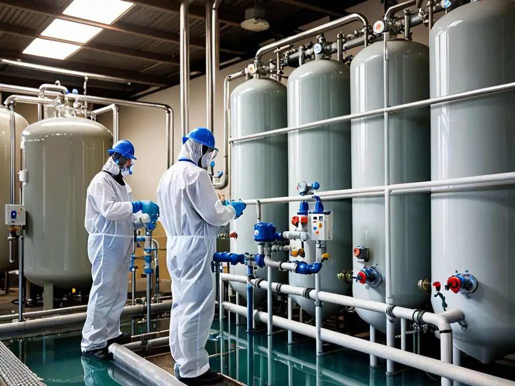 Trabajadores en planta de tratamiento de agua, regulaciones tratamiento agua fluor cloro, añadiendo químicos al agua con cuidado y precisión