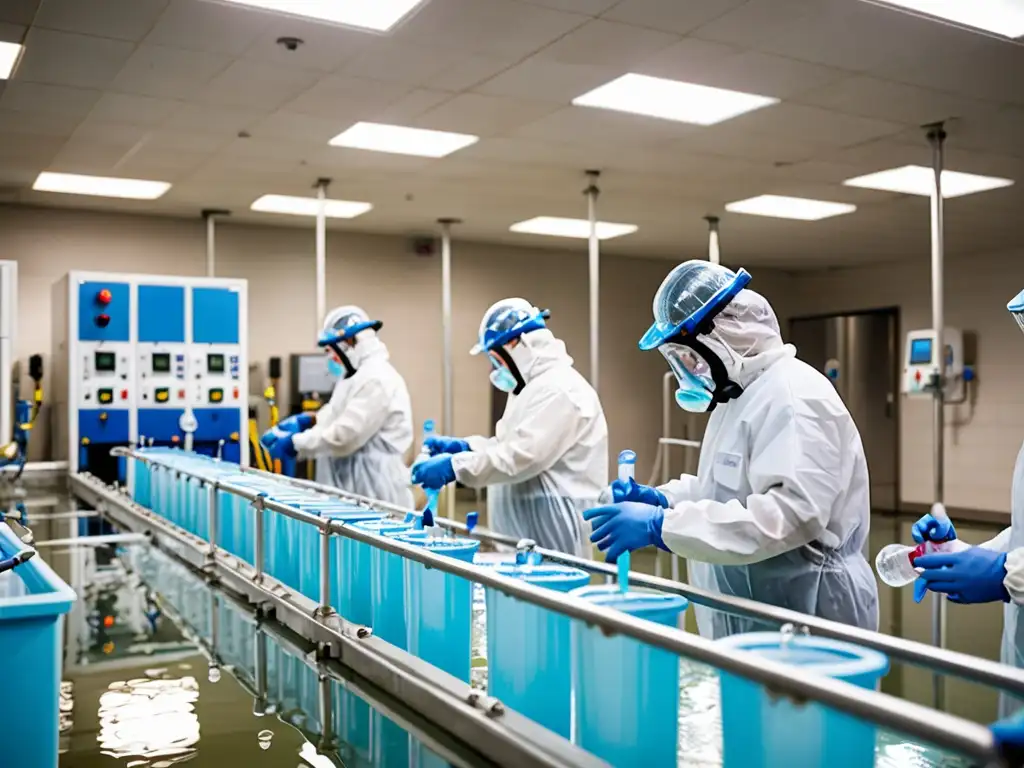 Trabajadores en planta de tratamiento realizan pruebas de calidad del agua con equipo avanzado