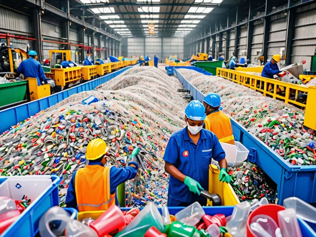 Trabajadores clasificando plástico en planta de reciclaje, reflejando el impacto de la regulación de plásticos de un solo uso