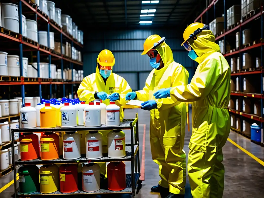 Trabajadores inspeccionan con precisión productos químicos en almacén, destacando el comercio responsable de productos químicos