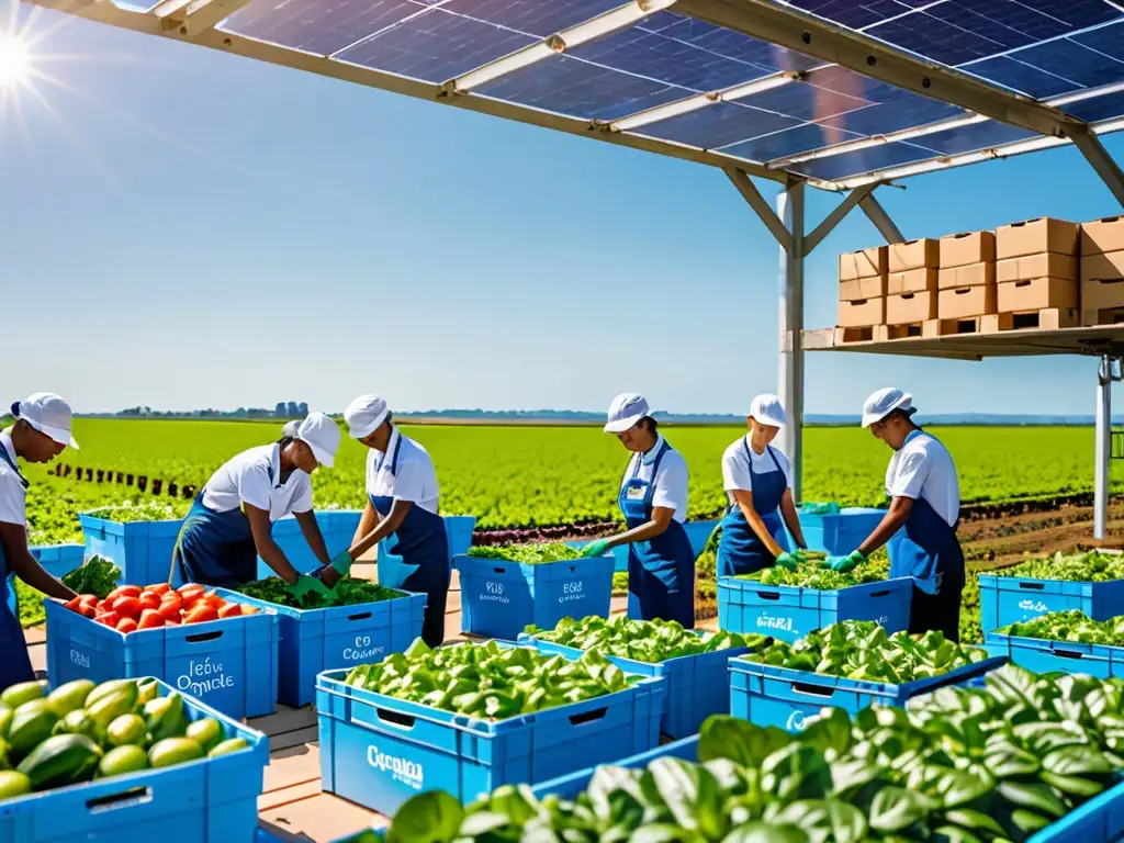 Trabajadores empaquetando productos orgánicos en campo solar, simbolizando exportación ecofriendly con subvenciones para exportación ecofriendly