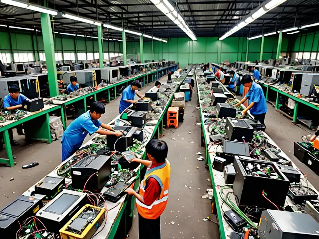 Trabajadores clasifican residuos electrónicos en una bulliciosa planta de reciclaje en Asia