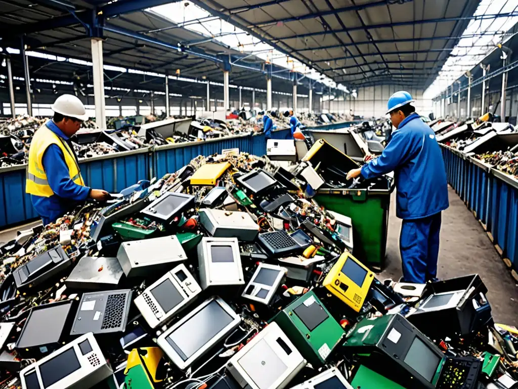 Trabajadores clasificando residuos electrónicos en una planta de reciclaje europea