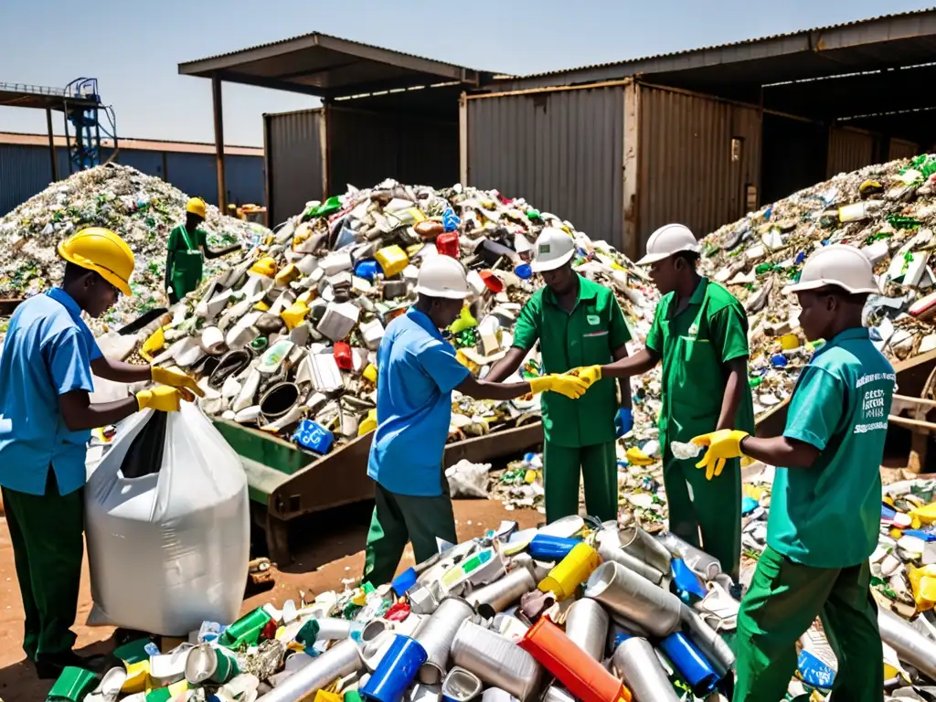 Trabajadores de gestión de residuos en África separando materiales reciclables bajo el sol