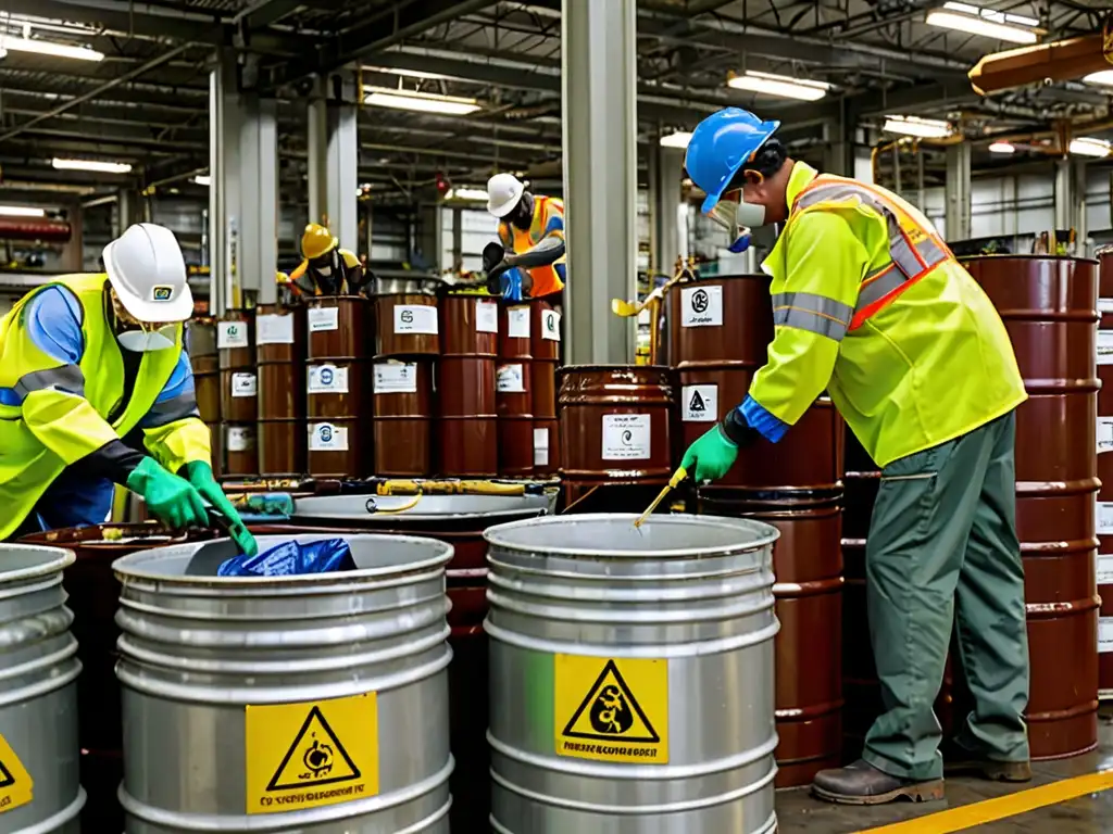 Trabajadores manejan residuos peligrosos en instalación con certificaciones ambientales y regulaciones de seguridad en primer plano