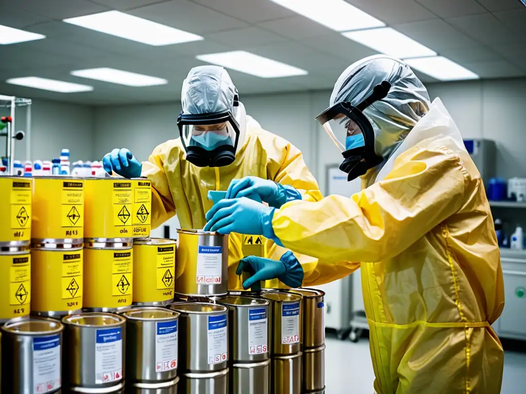 Trabajadores en trajes de protección manejan meticulosamente barriles de productos químicos en un laboratorio estéril, destacando el comercio responsable de productos químicos