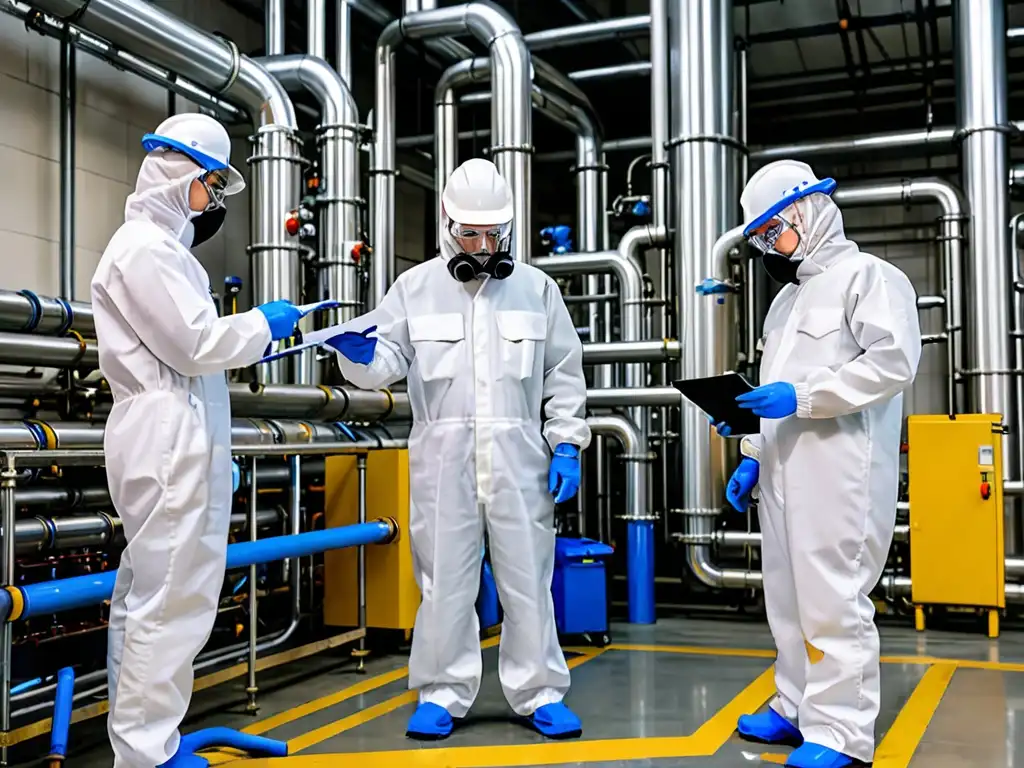 Trabajadores en trajes protectores realizan inspección de seguridad en planta química moderna, cumpliendo con el Reglamento REACH