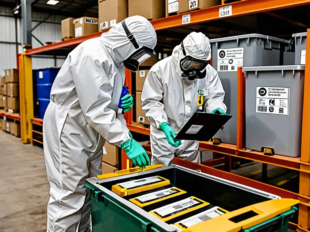 Trabajadores en trajes de protección inspeccionan el transporte y la eliminación de residuos peligrosos en una instalación de gestión de residuos