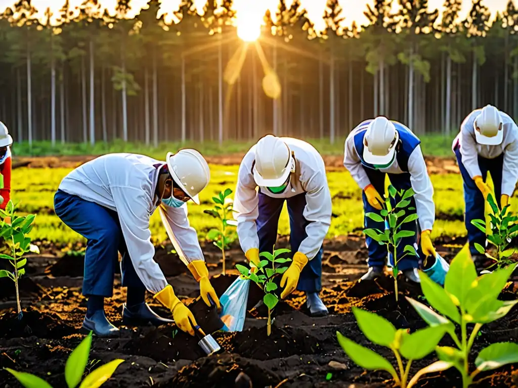 Trabajo de reforestación al atardecer con esperanza y determinación en el derecho ambiental post COVID-19