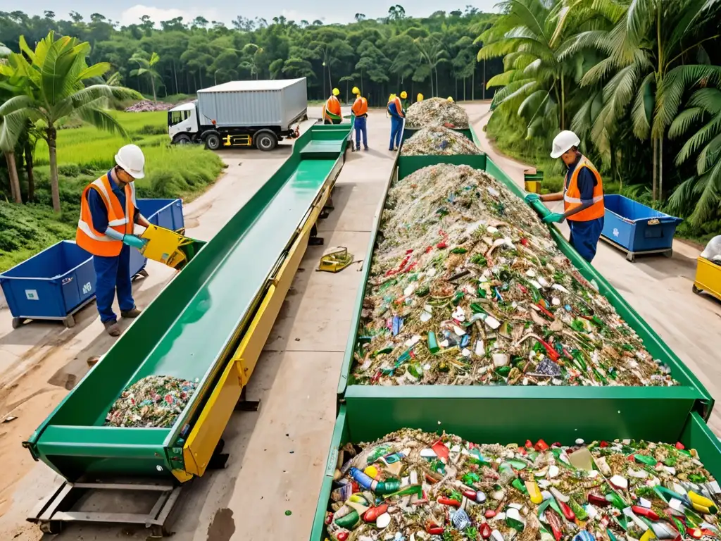 Trabajo dedicado en una moderna planta de reciclaje, integrando gestión de residuos en cambio climático con la naturaleza