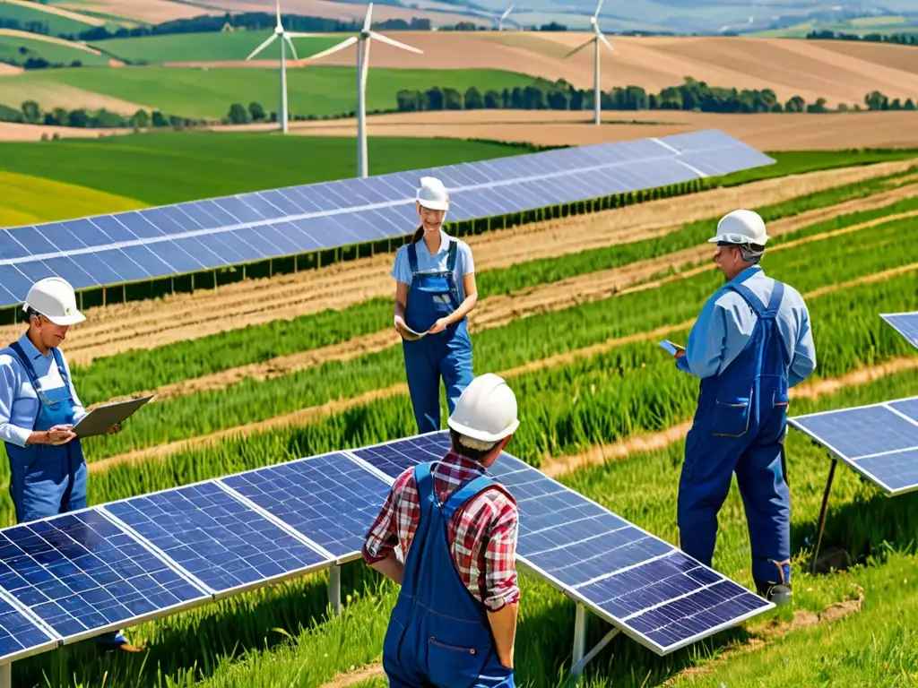 Trabajo en equipo de agricultores y técnicos instalando energías renovables en el campo