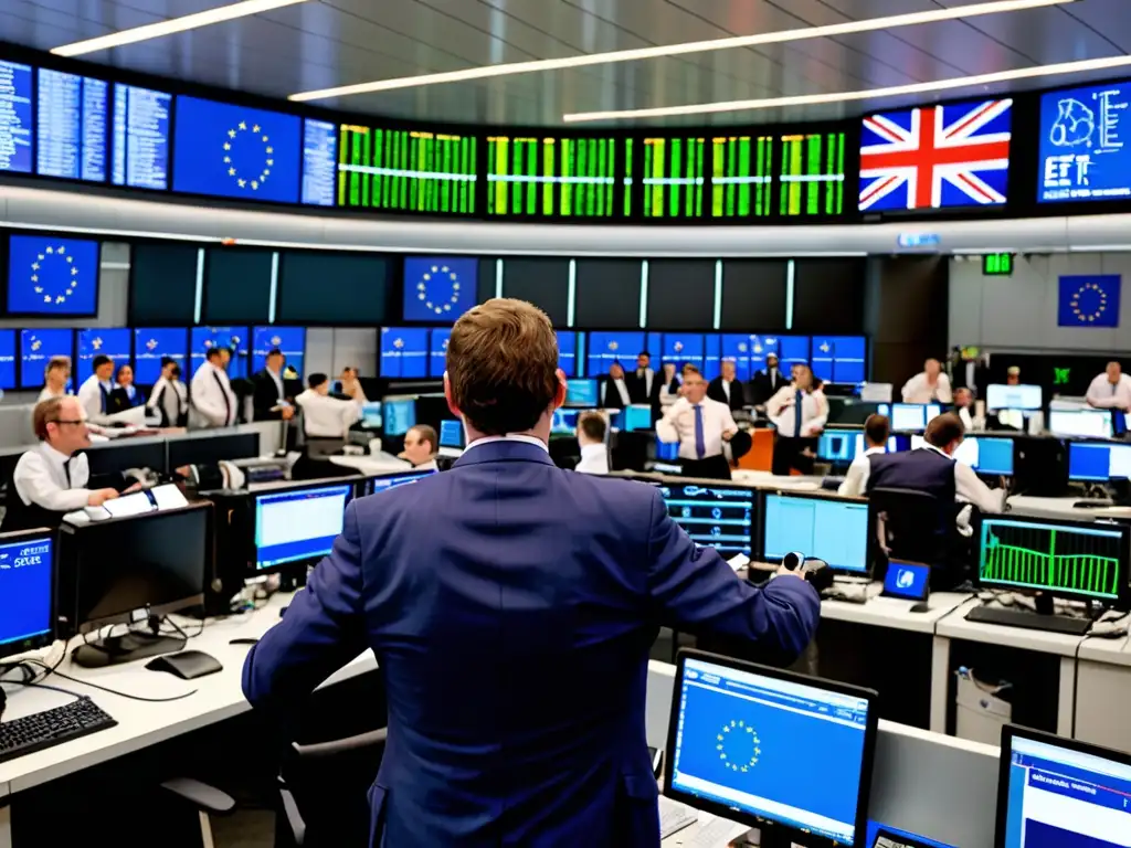 Traders en el piso de comercio de la Unión Europea, con monitores de emisiones y la bandera de la UE