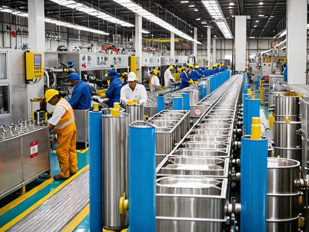 Trasiego de agua embotellada en una fábrica, trabajadores con equipo de protección, normativas industria agua embotellada