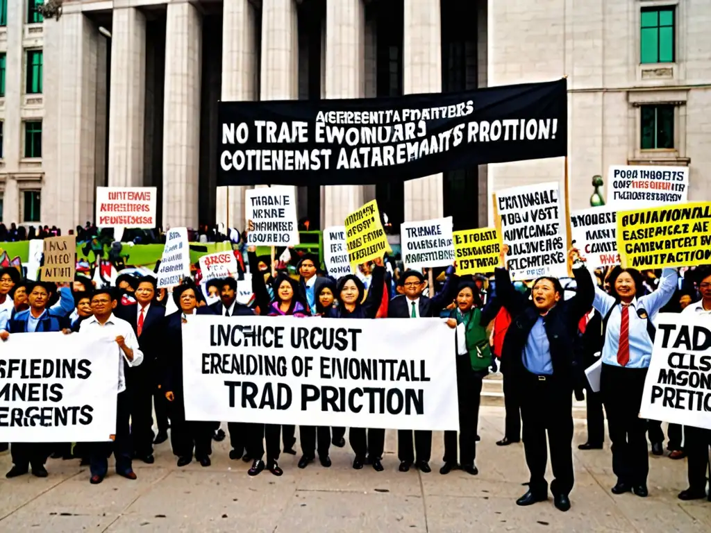 Manifestación por Tratados de Libre Comercio y Legislación Ambiental, con activistas y pancartas impactantes frente a un edificio gubernamental