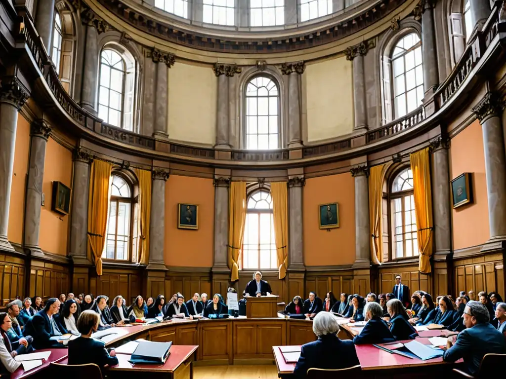 Un tribunal europeo iluminado por la luz natural con jueces, abogados y activistas por la justicia ambiental en primer plano